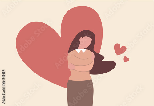 Self care is take care of yourself and wellbeing, enjoy exercise, sleep and hobbies, help you stay healthy, balance life, and better cope with stress and anxiety, happy woman hug herself with hearts.