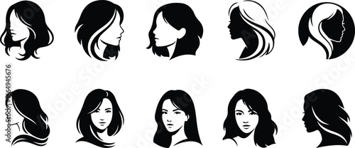 Collection of Black and White Female Silhouette Hairstyles and Profiles woman head