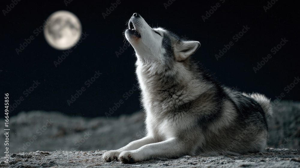 Fototapeta premium Grey dog howls at full moon
