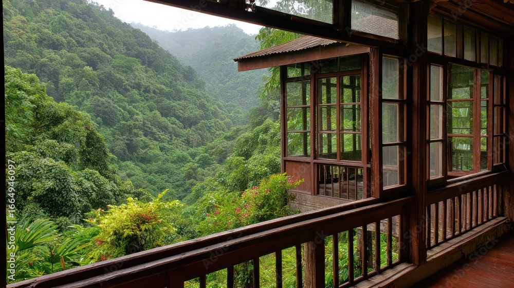 Fototapeta premium Lush valley view from a wooden balcony