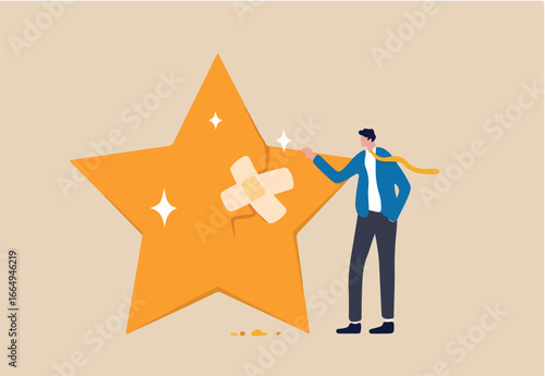 Reputation management, customer experience or rating, crisis management to repair or fix customer trust problem, credit score or satisfaction concept, businessman fix broken rating star with bandage.