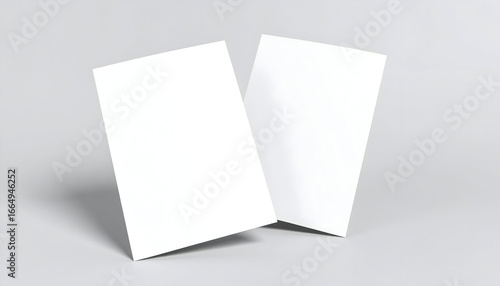 Two blank white vertical paper cards mockup standing on a neutral gray background with subtle shadows.