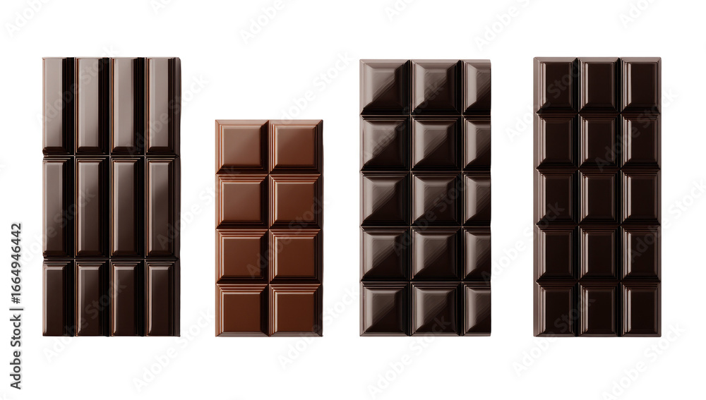 Fototapeta premium Four dark chocolate bars, side-by-side, showing different shades and textures. Each bar is rectangular, and divided into squares. A slightly raised texture is evident on the surfaces. 