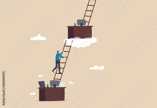 Career path or job promote, occupation or ladder of success, growth step or progress to achieve goal, challenge and ambition concept, businessman climb up ladder from his working desk to higher level.