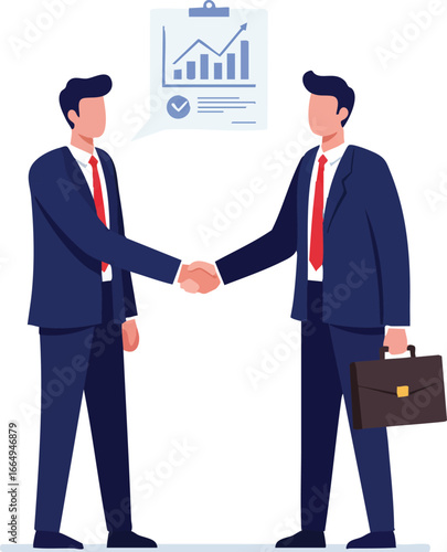 Two professional businessmen in suits shake hands, symbolizing a successful partnership, agreement, or a new corporate deal with positive financial growth.