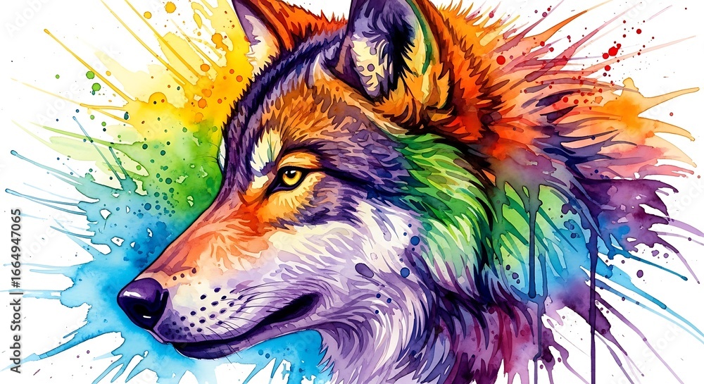 Naklejka premium Vibrant Watercolor Wolf Head with Splatters.