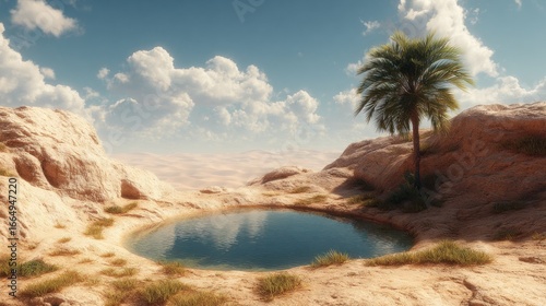 Desert oasis with palm tree and pool