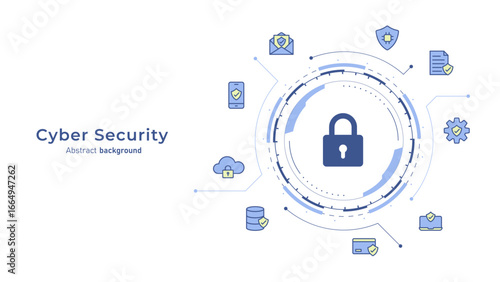 Concept of cyber security and digital protection technology. Padlock on futuristic HUD frame with secure icon. Data privacy and protect against hacker. Flat design. Vector illustration.