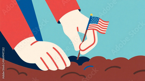 Remembering heroes planting American flag in soil for Memorial Day tribute and patriotic celebration of freedom and independence with pride and gratitude (189)