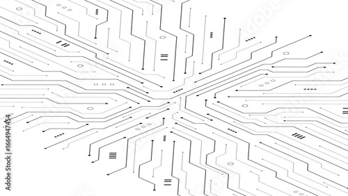 AI Artificial Intelligence on circuit board in black and white background. Technology and engineering. Motherboard and HTML code. Isometric electronic motherboard background. Vector illustration.