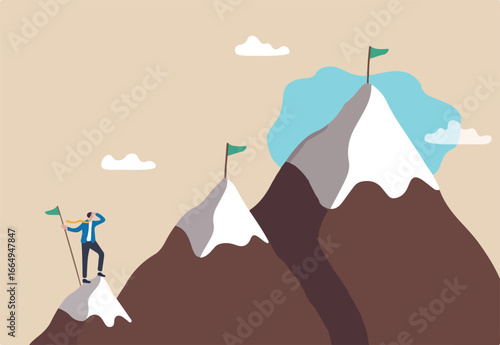 Ambition to success and achieve target, career growth or business goals, challenge to win, achievement or victory concept, motivated businessman reach mountain peak aiming to achieve higher targets.