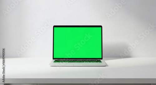 Modern laptop with vibrant green screen display ready for your content and creative projects today