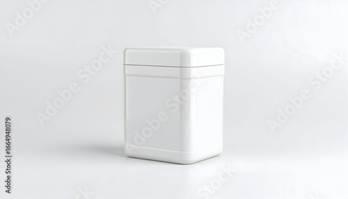 A clean, white square container with a lid, featuring rounded corners, isolated on a minimalist white background in a studio setting.