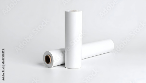 Minimalist studio shot of two large white rolls of glossy paper or adhesive vinyl on a clean white background.