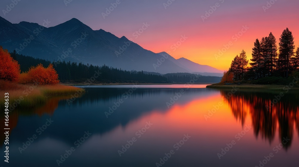 Naklejka premium A beautiful mountain lake with a sunset in the background
