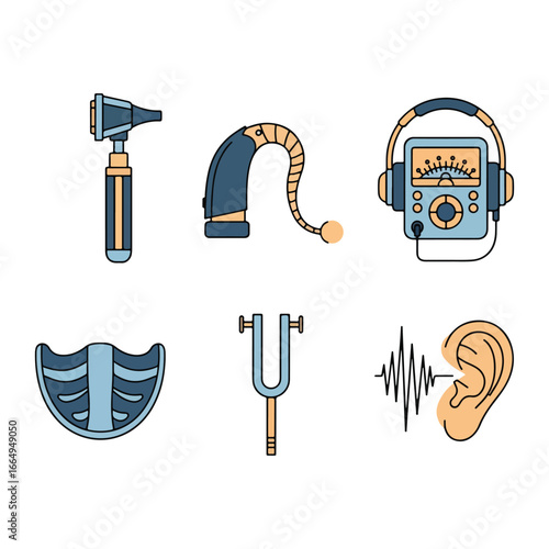 Audiologist Equipment Vector Set with Stethoscope and Hearing Test Tools