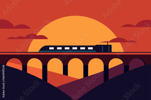 Train Traveling Across Cinematic Bridge at Sunset Scene