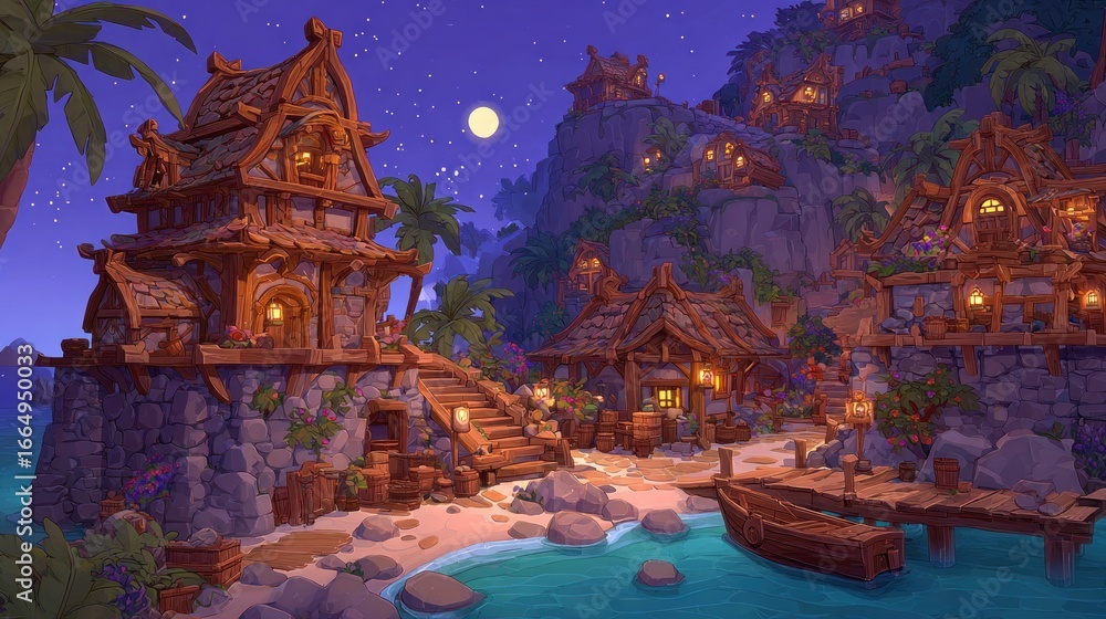 Obraz premium Wooden seaside village at night