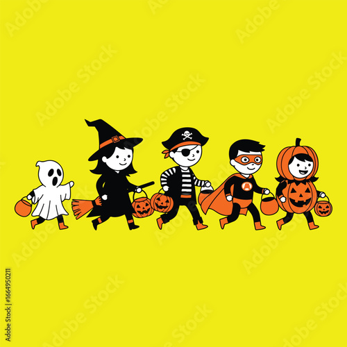 Cute children going door to door in halloween costumes to collect candy vector for halloween theme