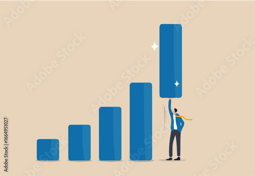 Growth or improvement, increase sales or revenue raising, growing business or develop marketing plan to help gain more profit concept, confident businessman help lift up bar graph to new high level.