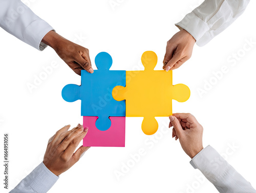 Diverse hands assemble colorful puzzle pieces