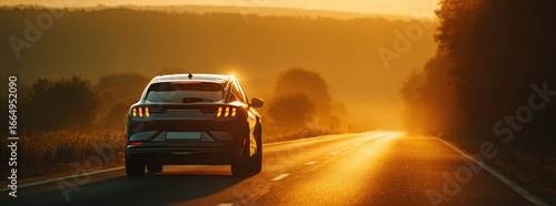 A sleek green electric car drives along a scenic road at sunset, with lush landscape and golden light creating a peaceful and eco-friendly travel scene.