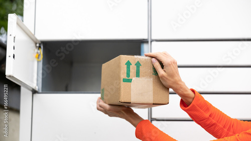 Locker parcel service. Package delivery to post mail box machine. Shipping terminal by customer