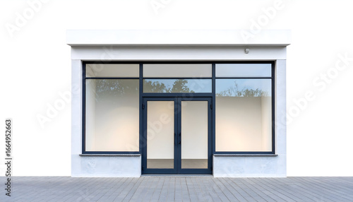 Modern empty shop storefront with large glass windows and double doors, isolated on a white background for mockup or copy space.