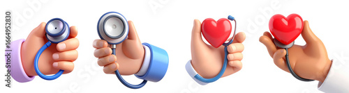 Hand holding stethoscope, hand holding heart, and hand holding heart with stethoscope, symbolizing healthcare, medical care, and heart health awareness