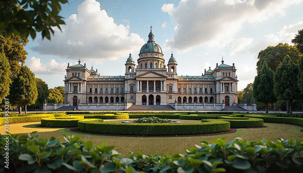 Obraz premium Historic mansion with manicured gardens and blue sky 