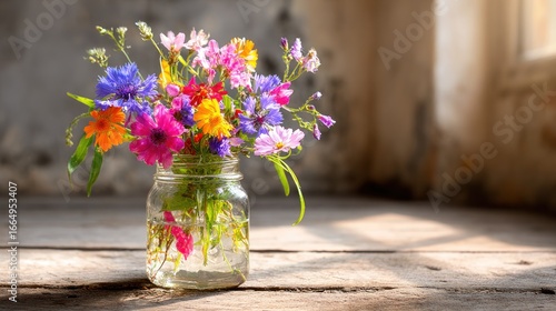 Wallpaper Mural Colorful wildflowers in a glass jar, rustic setting Torontodigital.ca