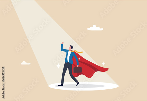 Best success candidate, search for talent, outstanding staff or discover high performance employee, leadership, hiring or recruitment concept, confidence businessman superhero with spotlight shining. 