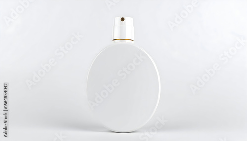 Sleek white oval cosmetic spray bottle with a gold accent, isolated on a clean white studio background for product mockup.