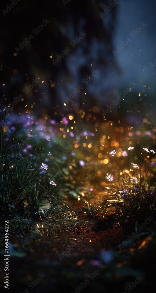 Naklejka premium A dreamy, blurred nighttime scene of a field of small purple flowers illuminated by numerous glowing particles, creating a magical, ethereal atmosphere