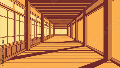 Traditional japanese wooden hallway interior with sliding doors and sunlight shadows illustration in vintage architectural design
