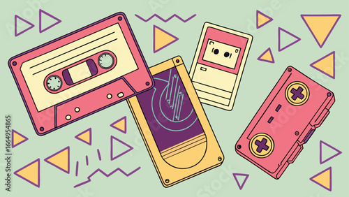 Retro Cassette Tapes and 80s Geometric Design: Nostalgic, Vibrant, Fun Illustration