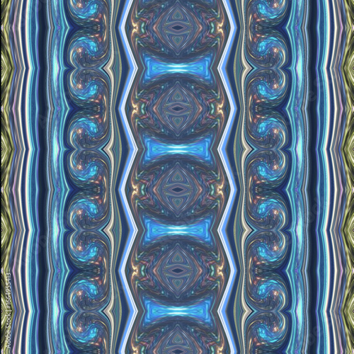 Kaleidoscope abstract pattern in glowing blue and multicolor tones, geometric symmetry blending futuristic fluid textures, perfect for backgrounds and fashion design.
