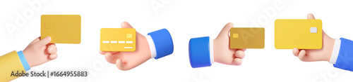 Hand holding yellow credit card cartoon style isolated on transparency background financial concept digital payment cheerful modern 3D illustration banking secure transaction