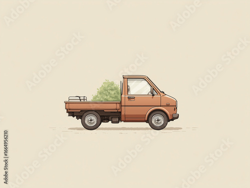 Cartoon Mini Truck Carrying Greenery on Wooden Flatbed