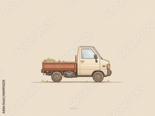 Cartoon Mini Pickup Truck with Wooden Bed and Plants