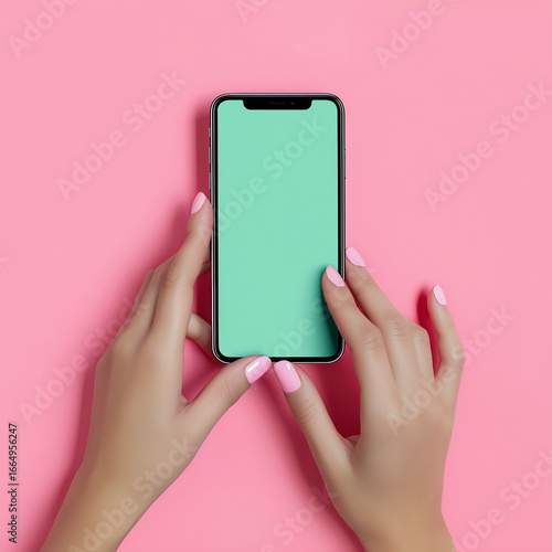 Hands Holding Smartphone with Blank Screen on Pink Background