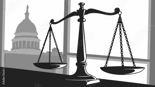 Wallpaper Mural A symbolic representation of justice with scales in front of a government building. Torontodigital.ca