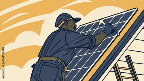 A worker installs solar panels on a rooftop, showcasing sustainable energy practices.