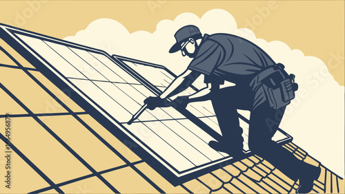 An illustration of a worker installing solar panels on a rooftop, using tools and wearing a hat.