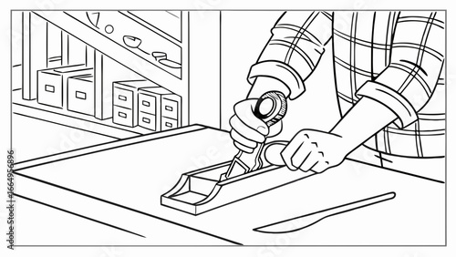 A person in a plaid shirt applies glue to a wooden object at a workbench.