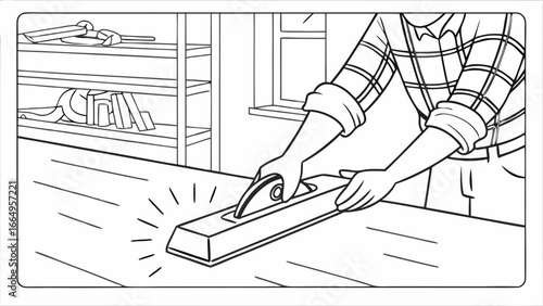 A person uses a circular saw to cut through wood on a workbench.