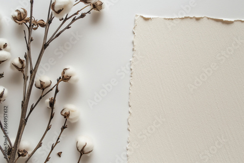 Ivory deckle-edge handmade paper with cotton branch — minimal flat lay mockup, copy space