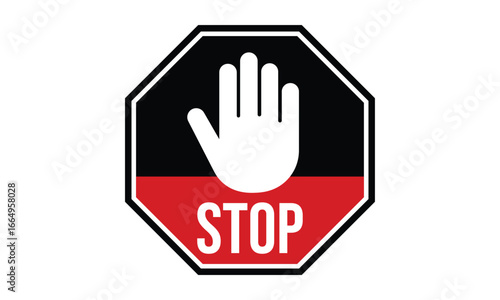 stop work warning hand symbol icon on red and black polygon vector design