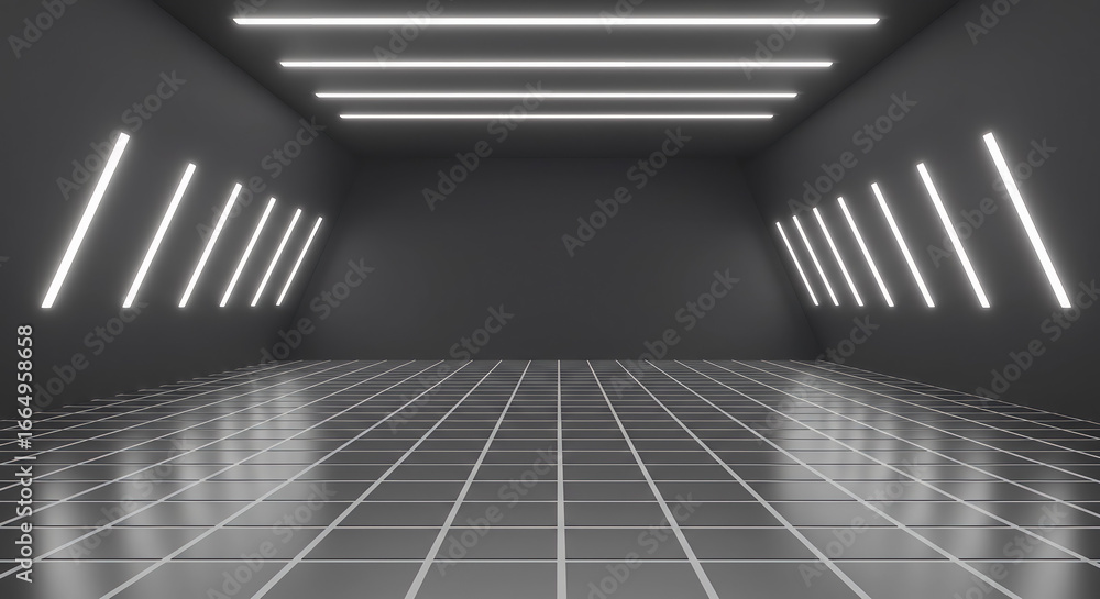 Obraz premium Dark Room with Grid Floor and Neon Lights on Walls and Ceiling.