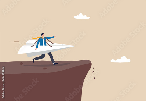 Try new idea start new business, startup risk, entrepreneur or creativity, failure, innovation and courage to win business concept, businessman running with paper origami airplane for first launch.